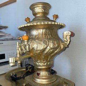 Vintage Middle Eastern Zanjan Brass Electric Samovar with 3D Design